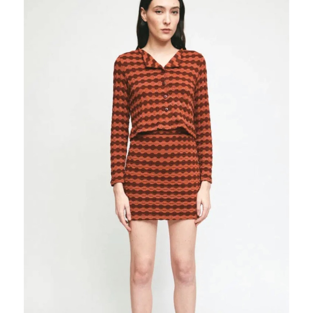 Rita Row red Tamarix printed knit mini skirt set with matching button up top